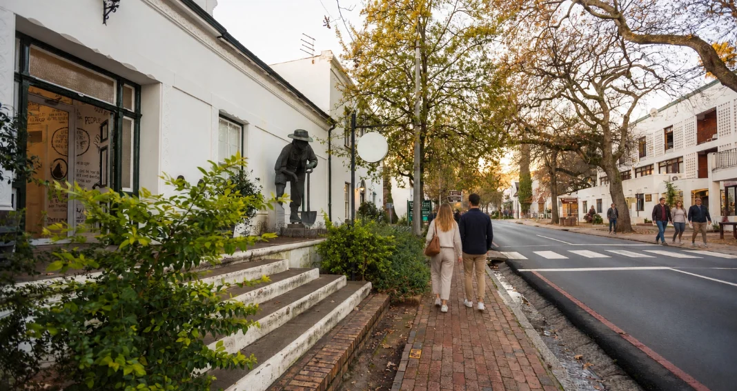 Stellenbosch Pedestrians on a tree-lined street in central Stellenbosch